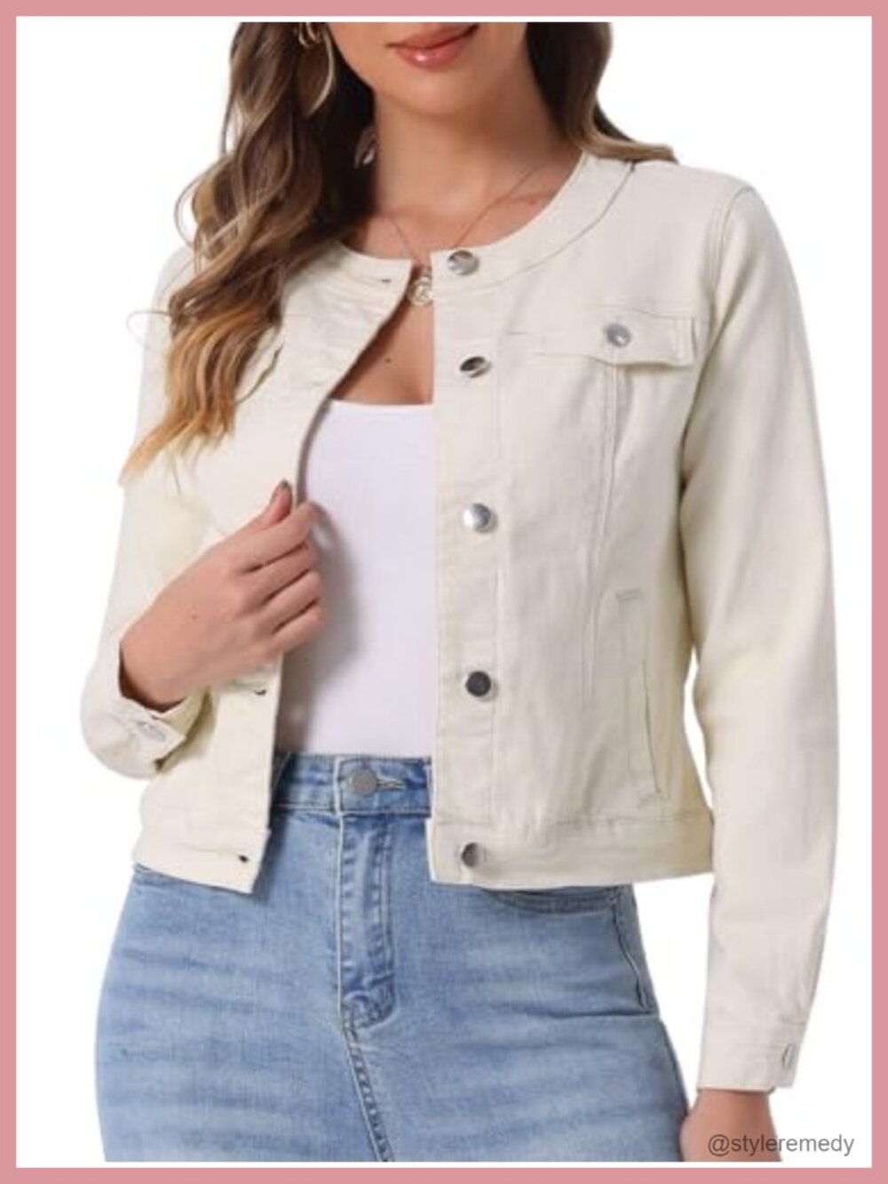 Collarless Cropped Denim Jacket with Flap Pockets
